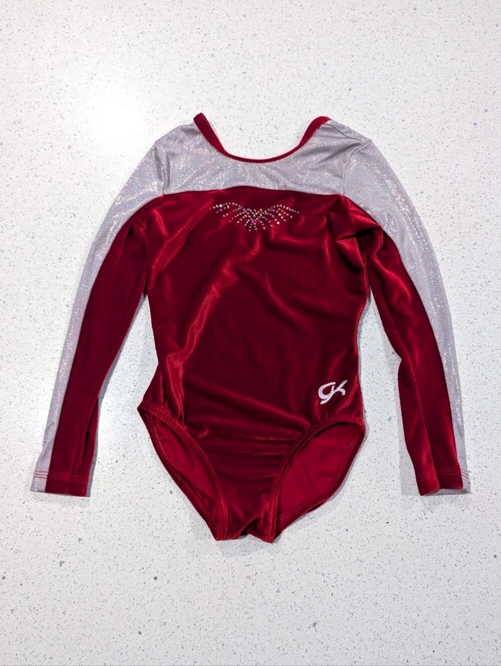 CHRISTMAS GK ELITE Gymnastics Dance Leotard CM Medium VELOUR Red Silver XMAS
